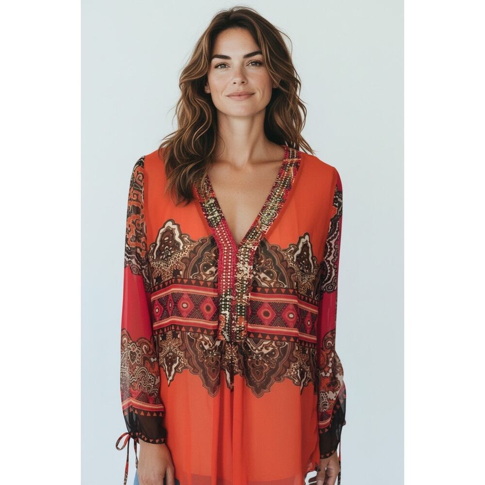 Joseph Rikoff Sheer Sequin V Neck Top Size 12 Orange Tie Sleeve